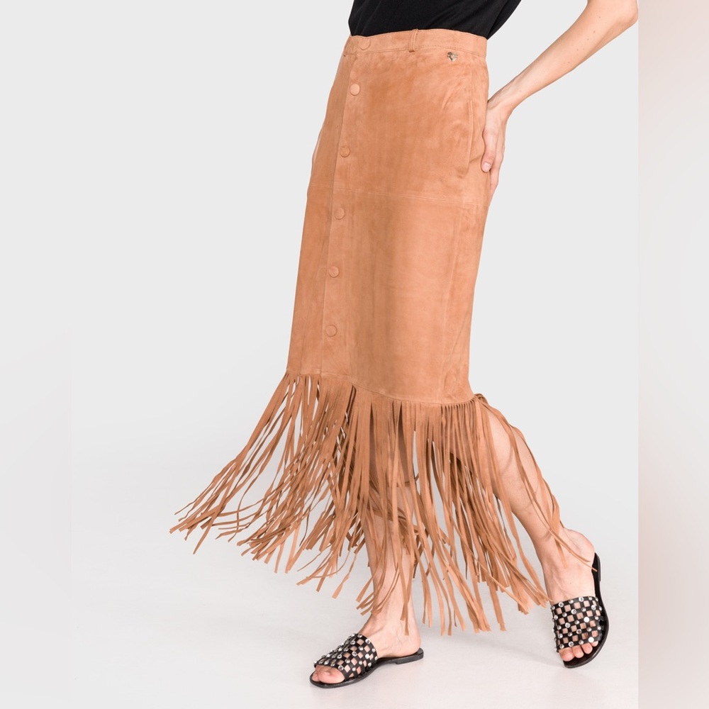 NWT Twinset Fringe Skirt in Tobacco, Size US4 / IT40